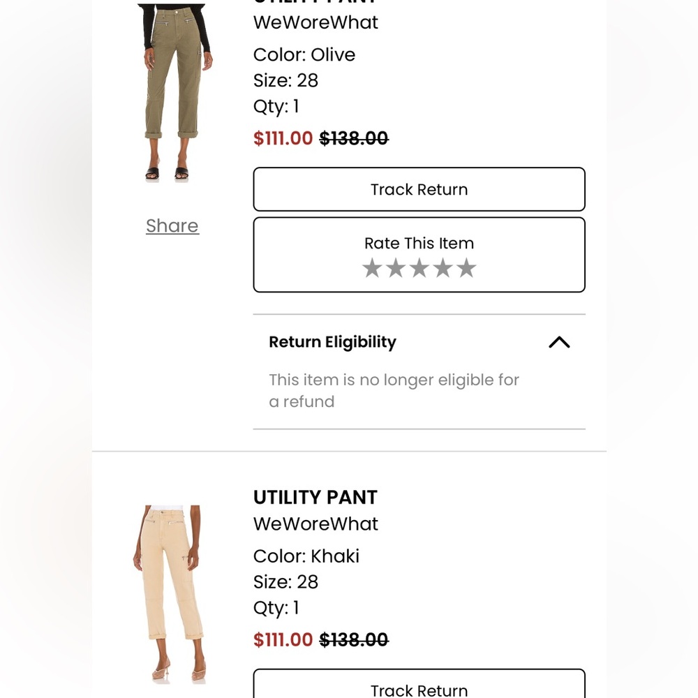 WeWoreWhat Utility pants. Two pairs - khaki and Olive green. Size 28